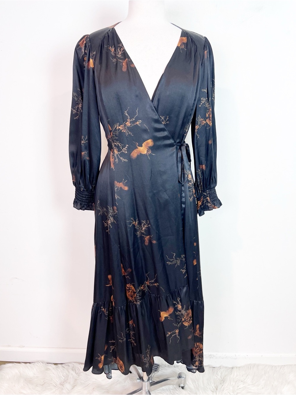 ALL SAINTS ADELAIDE AURORA BLACK WRAP MIDI DRESS BROWN BIRD BRANCHES PRINT SZ 4 - Picture 3 of 9